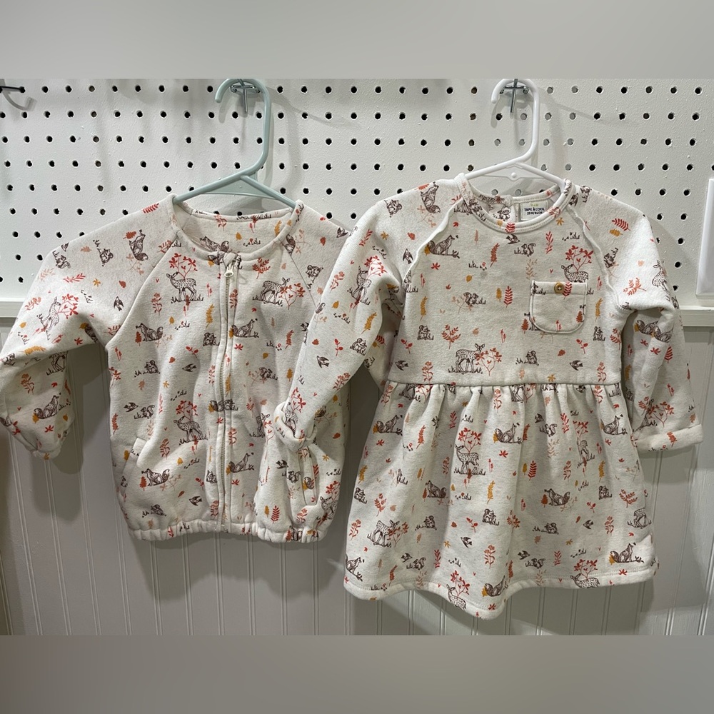 French toddler woodland creatures dress and zip sweatshirt set